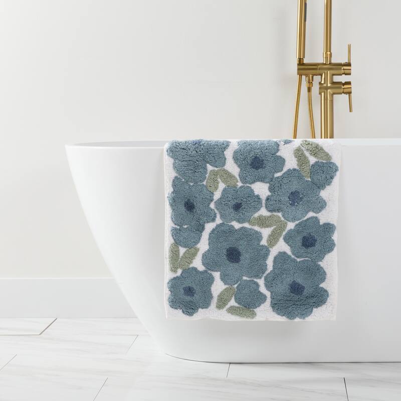 Becky Cameron 100% Cotton Floral Patterned Bath Mat - 34" x 21" - Light Blue Blossoms