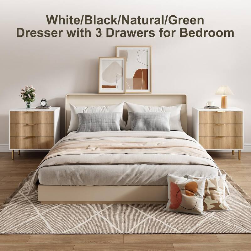 Modern 3 Drawer Dresser for Bedroom, Wood Chest with Gold Handle and Large Drawers for Living Room, Hallway, Entryway
