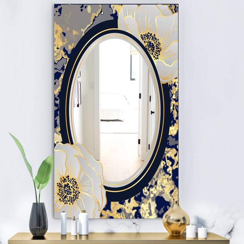 Designart 'Botanical Gold Floral Arrangement I' Glam Mirror - Frameless Vanity Printed Mirror