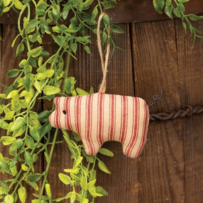 Red-Cream Fabric Plush Pig Ornament with Jute String Hanger - 3.50 x 0.75 x 2 in.