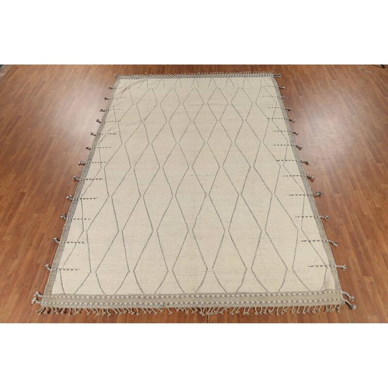 All-Over Trellis Ivory Moroccan Rug Hand-Knotted Wool Carpet - 8'8"x 12'11"