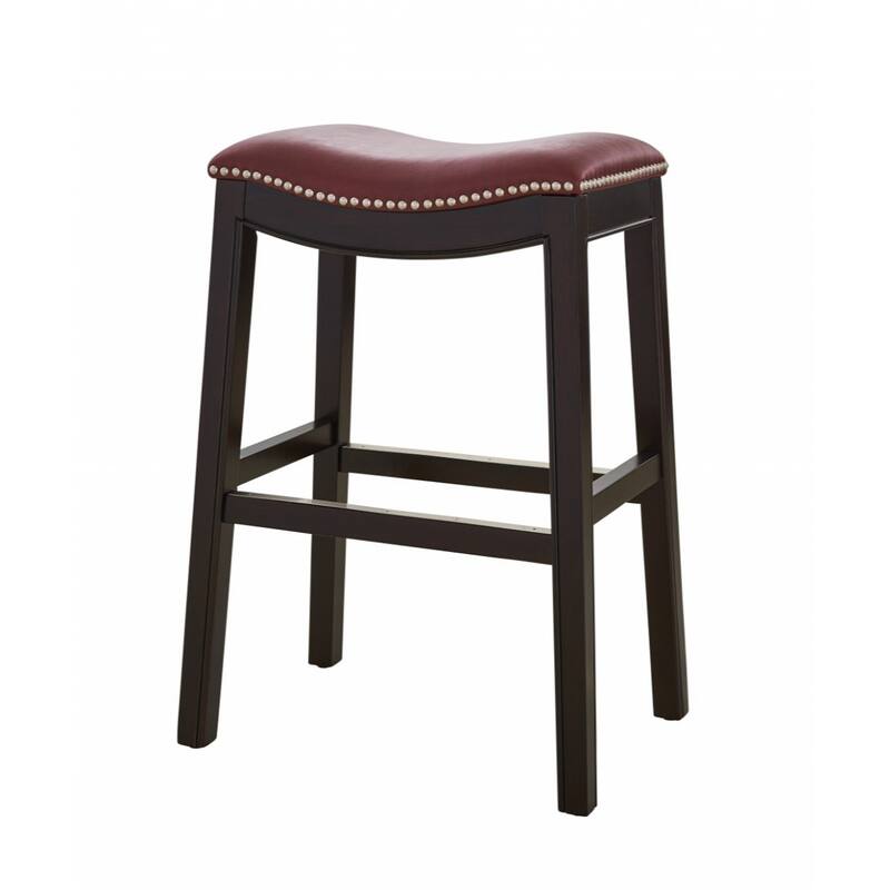 Linen Saddle Seat Bar Stool with Nail Head Trim and Footrest - Dark Red and Espresso-25-Inch