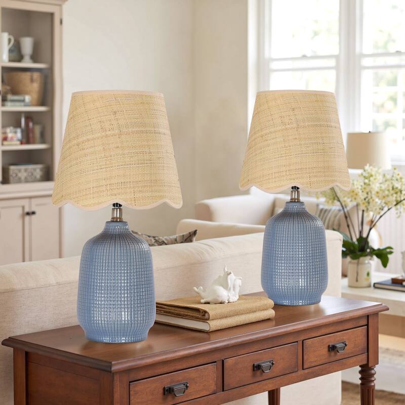 2 Pack Rustic Ceramic Accent Table Lamp with Raffia Shade