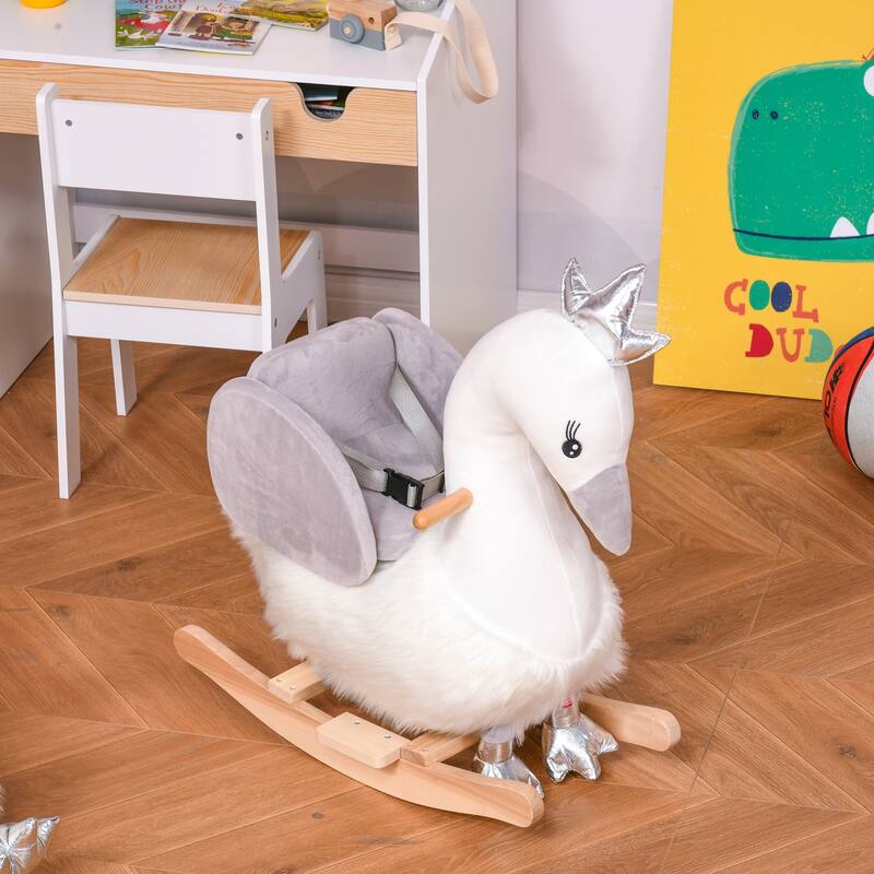Plush Swan Rocking Horse for Toddlers with Sound Feature, Safety Belt, and Wooden Base - Ideal for 18-36 Months