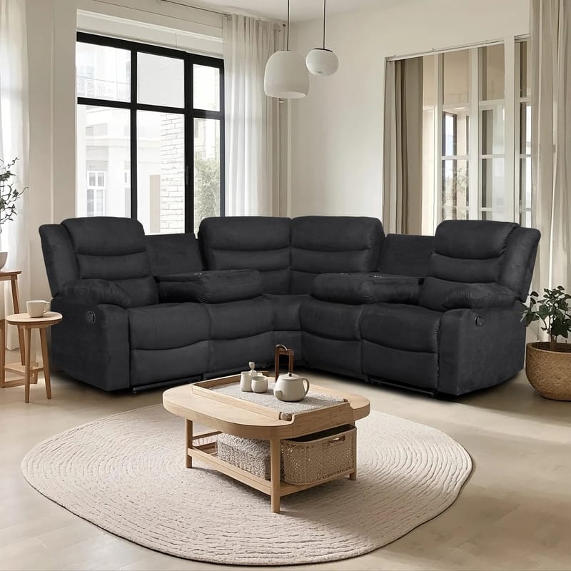 93" Width Polyester/Suede 5-Piece Manual Reclining Sectional Sofa - Black