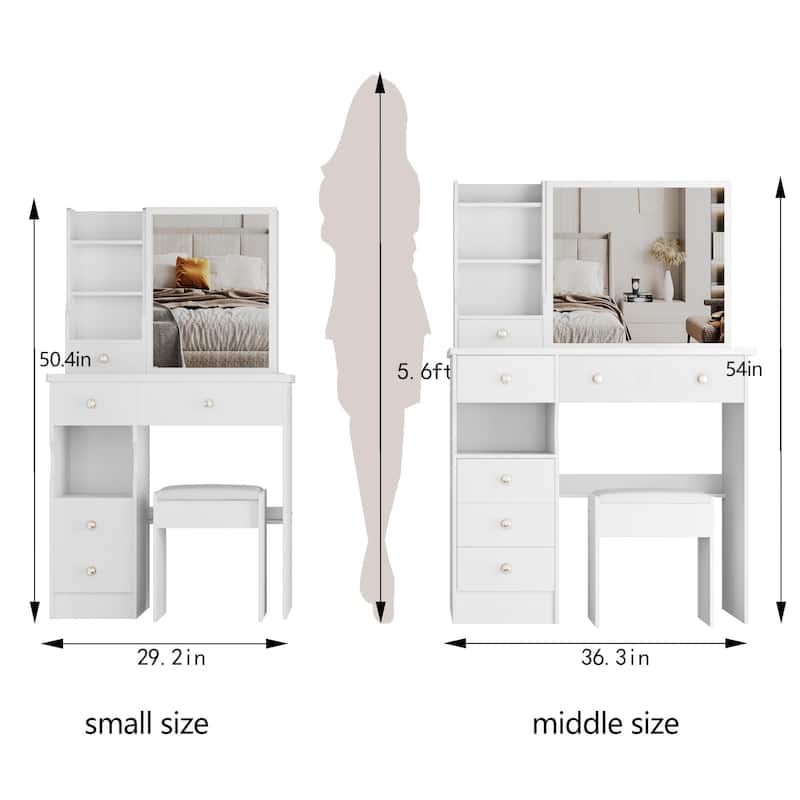 37"L Middle Size Vanity Table with Stool and Sliding Mirror