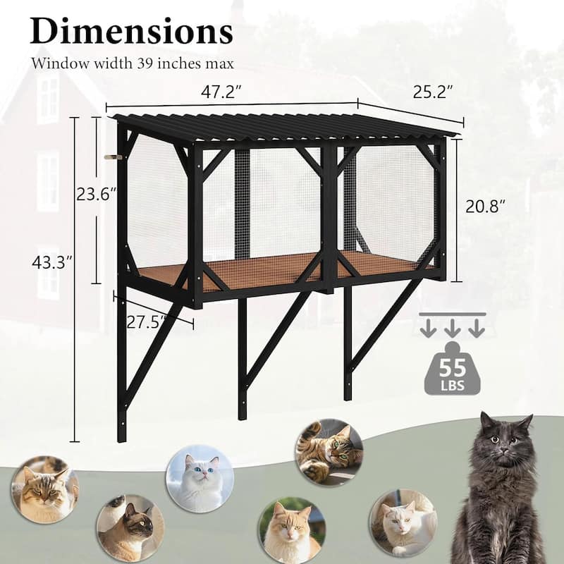 BOSSIN 47.2" All-Weather Window Cat Enclosure- Outdoor Window Perch for Large Cats, Sunbathing & Observation Platform