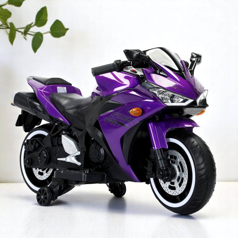 12V Kids Electric Ride-On Motorcycle with Manual Throttle, LED Wheel Lights, Bluetooth Music,Training Wheels - Ride-On car - Purple+black