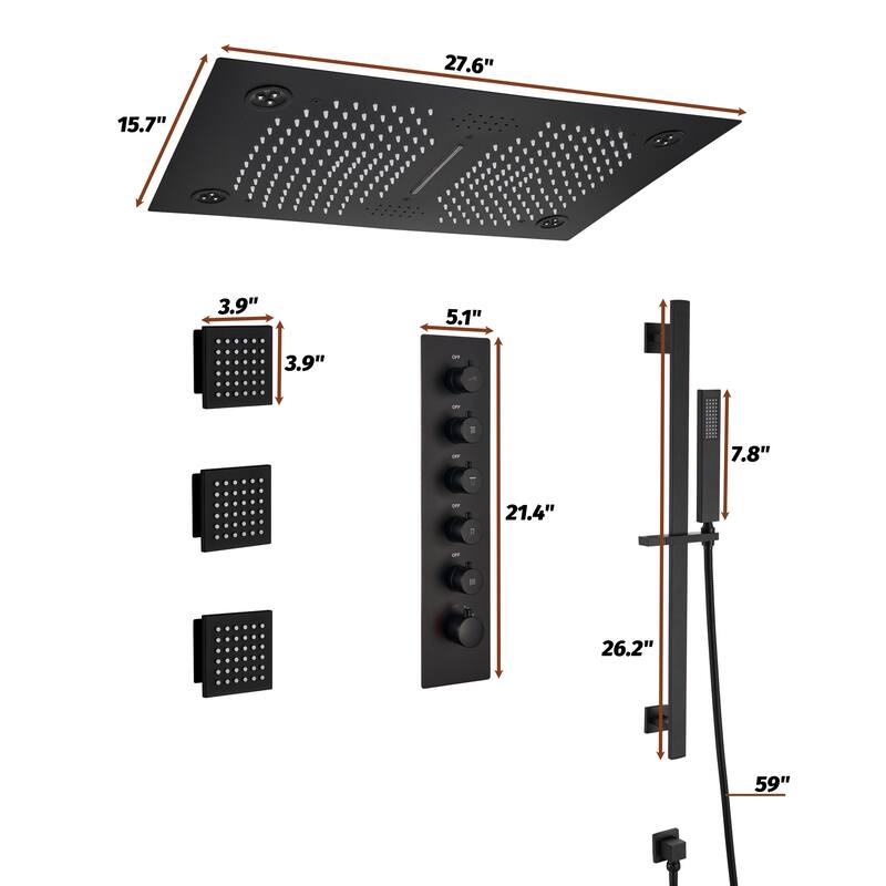 Luxury 5-Spray Patterns 28 in. Ceiling Mount Shower System with Handheld Shower Head, 3 Body Jets, LED, and Music - 16" x 28"