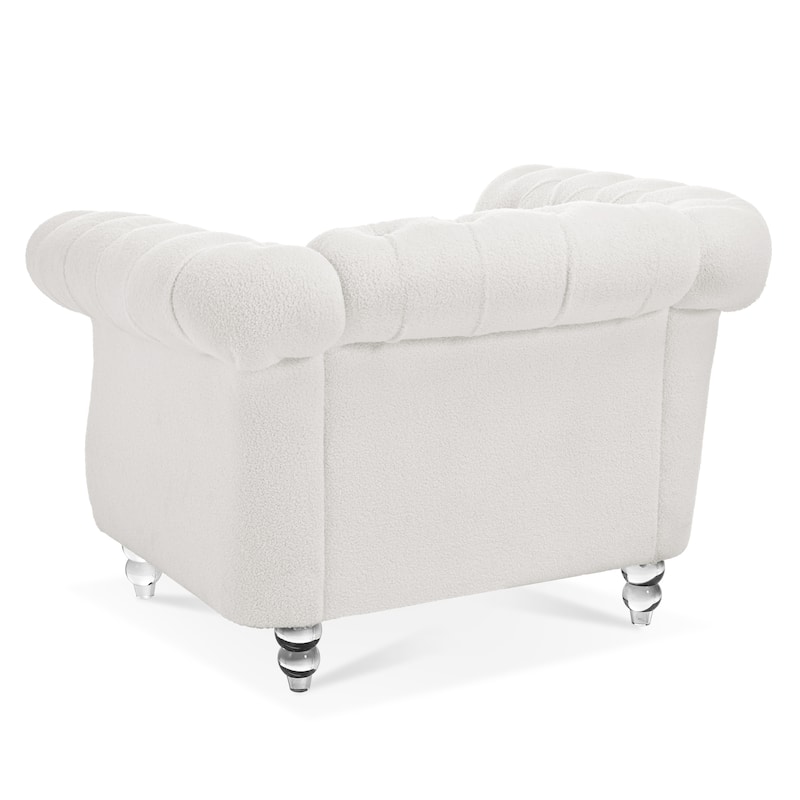 White Teddy Modern 38.98" Upholstered Buttons Tufted Accent Chair with Gourd Shaped Birch Legs and Nailheads