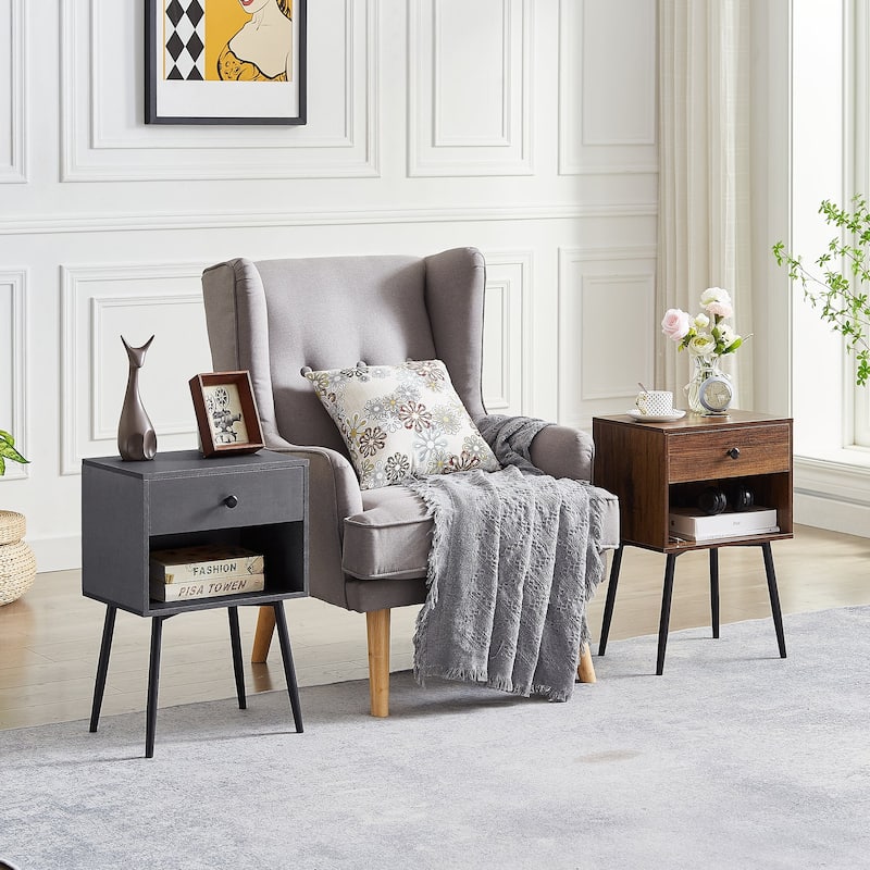 VECELO, (Set of 2) Modern 1-Drawer Brown/Grey Nightstand with Storage Shelf