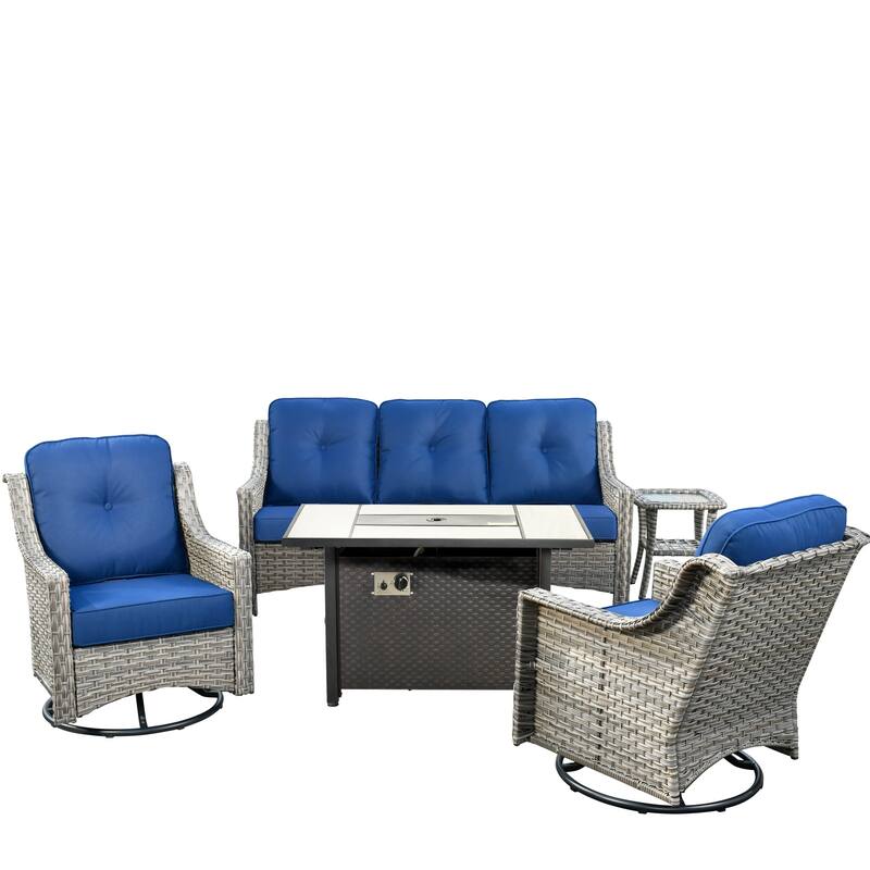 HOOOWOOO 5-piece Wicker Outdoor Furniture Swivel Chairs Set with Fire Pit