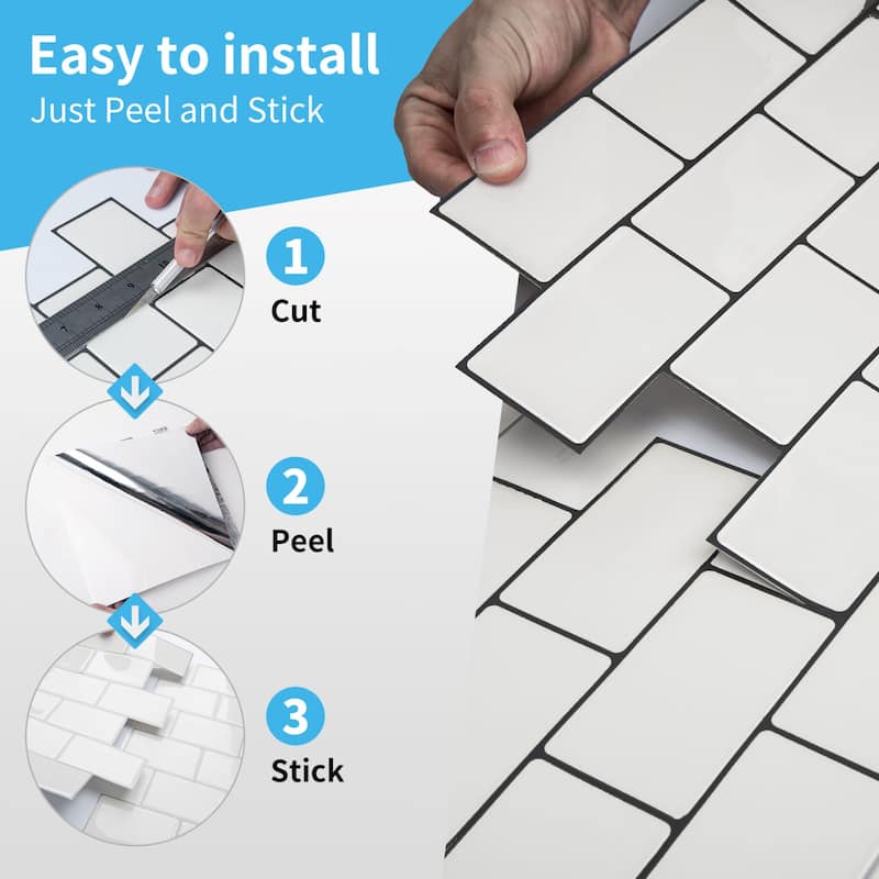 Art3d 12"x12" Backsplash Tile for Kitchen, Peel and Stick Subway Tiles,White with Black Grout,10-Sheet