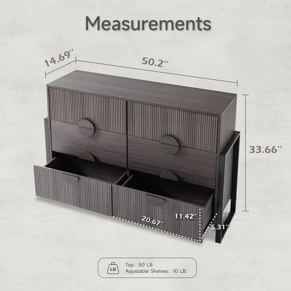 COZAYH Farmhouse Fluted 6-Drawer Dresser, Modern Wooden Chest of Drawers with Round Handles, Accent Storage Dresser, Grey Wash