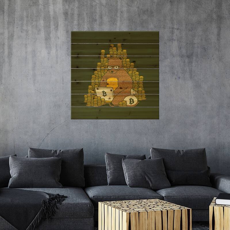 Bitcoin Miner Bear Print On Wood by Tobias Fonseca - Multi-Color