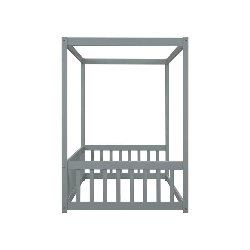 Canopy Frame Floor Bed with Fence and Guardrails