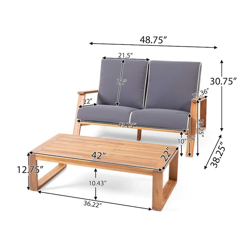 2-Piece Outdoor Acacia Wood Loveseat Sofa Chair Set with Coffee Table