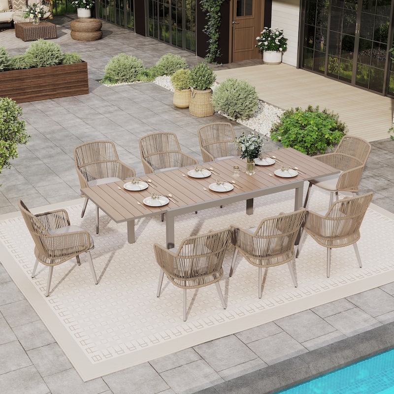 9-Piece Patio Aluminum Extendable Dining Set with Rattan Chairs