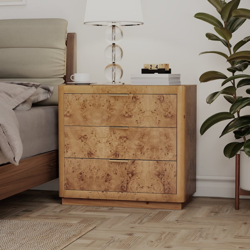 COZAYH Burl Finish Nightstand, Rustic Farmhouse Dresser, Vintage Accent Wood Storage Bedside Table, Fully Assembled - Natural - 3-drawer