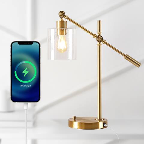 Jason Classic 23" Iron/Seeded Glass Adjustable Head Modern USB Charging LED Task Lamp, Brass Gold by JONATHAN Y - 1 Bulb