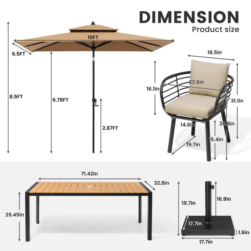 9/11-Piece Outdoor Patio Dining Set w/10 ft Umbrella and Base Aluminum Dining Table and Dining Chairs with Sunbrella Cushions