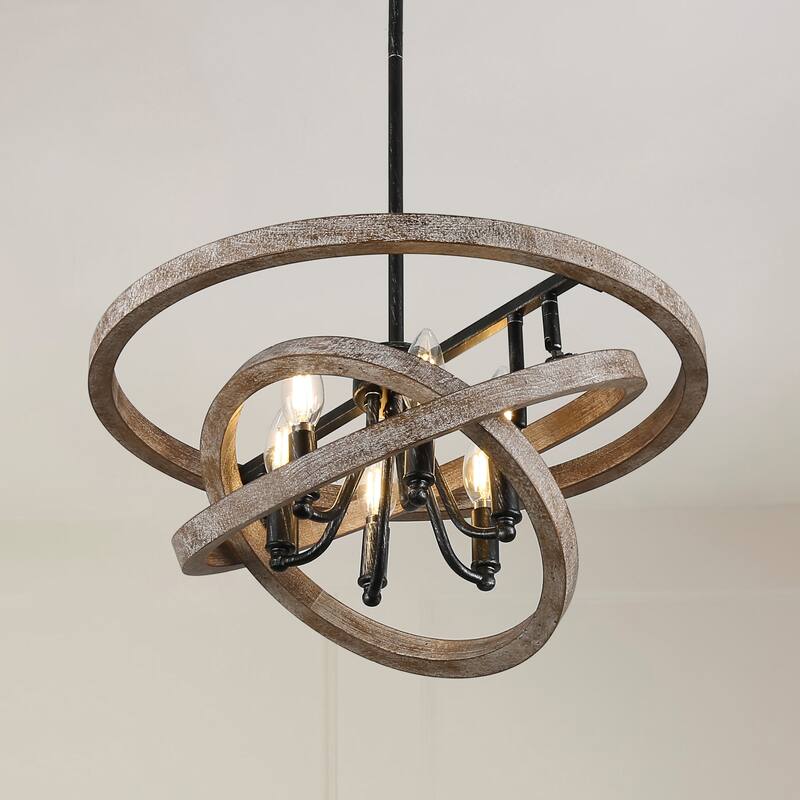 CurveCurio 20" Weathered Wood and Brushed Matte Black DIY Chandelier with Adjustable Shade for Dining Room and Foyer Décor - 20" * 20" * 7" - Weathered Wood& Burshed Black
