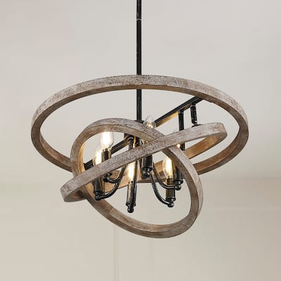 CurveCurio 20" Weathered Wood and Brushed Matte Black DIY Chandelier with Adjustable Shade for Dining Room and Foyer Décor