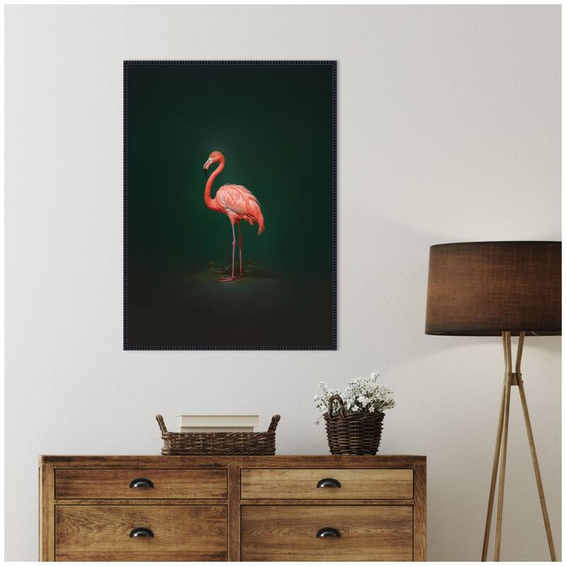 Kate and Laurel Flamingo Side View Rich Green Backdrop by The Creative Bunch Studio Framed Canvas Wall Art Print