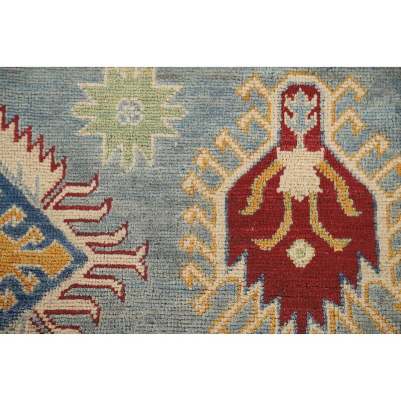 Geometric Kazak Area Rug Handmade Oriental Blue Wool Carpet - 6'7" x 9'10"