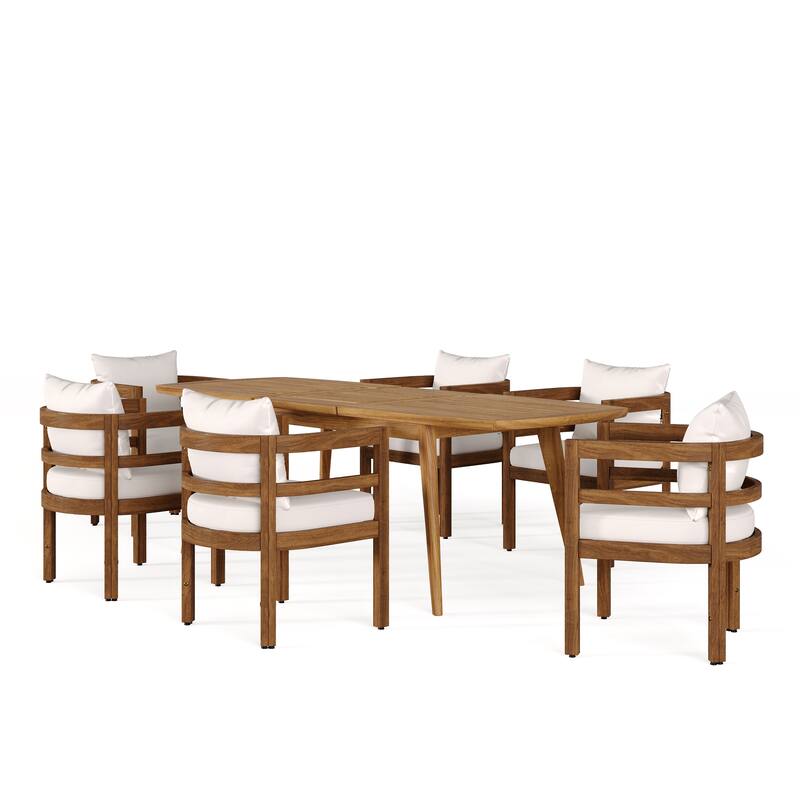Christopher Knight Home - Raventon Outdoor Acacia Wood Extendable 7-Piece Patio Dining Set with Cushioned Chairs