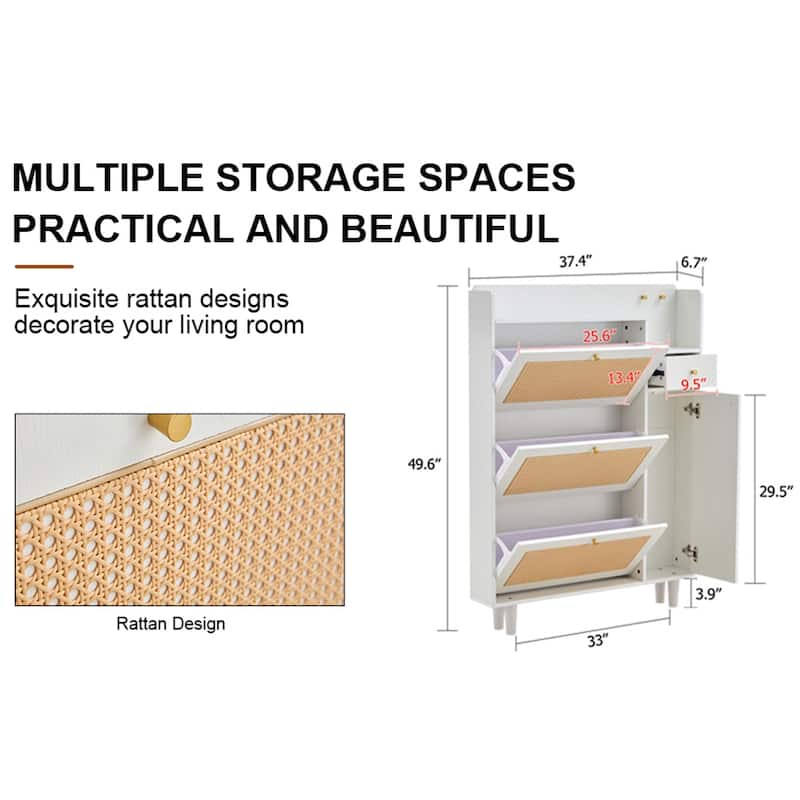 Modern Wood Minimalist Rattan Shoe Cabinet with Legs