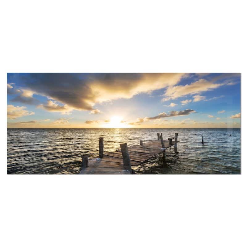Abandoned Boardwalk in Seashore - Large Sea Bridge Glossy Metal Wall Art - 28 in. wide x 12 in. high