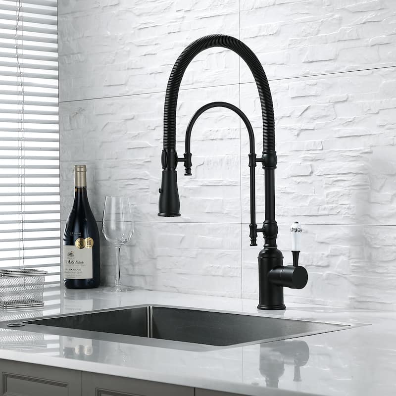 Modland Single Handle Pull-Down Kitchen Faucet with Dual Spray, 360 Swivel, Ceramic Cartridge, Brushed Gold/Matte Black - Black