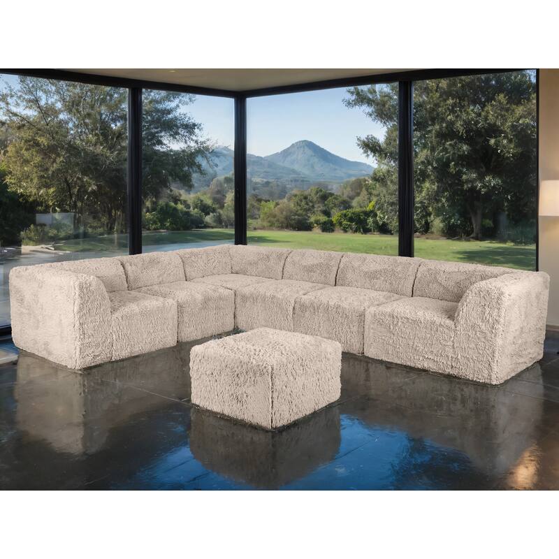 Furniture of America Ylena Modern 7-Piece Faux Fur Foam Modular Compressed Sectional Sofa with Ottoman - Taupe