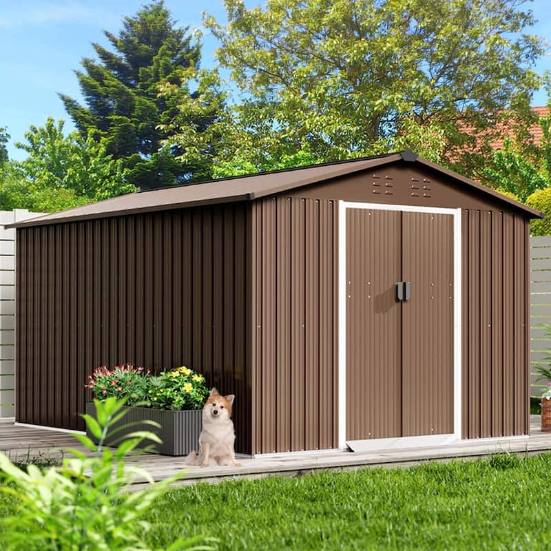 Outdoor Storage Shed, with Sloped Roof & Lockable Door - Brown - 8x12 Ft