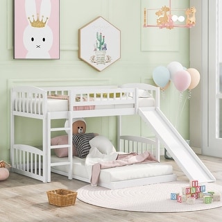 Twin over Twin Size Solid Wood Bunk Bed with Slide and Ladder for Kids, Boys and Girls, Bedroom