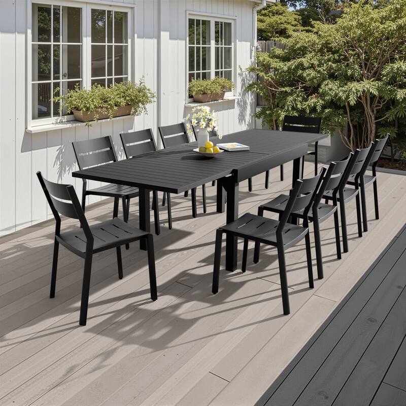 VredHom 11PC Outdoor Patio Aluminum Expandable Rectangle Table Dining Set with Stackable Chairs