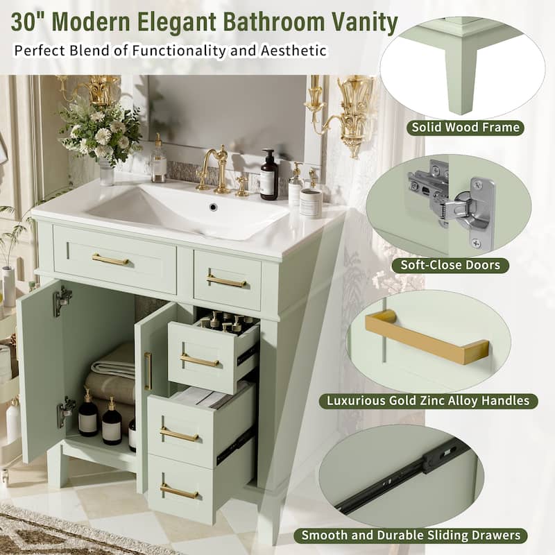Freestanding Undermount Sink Bathroom Vanity Cabinet, 30" Bathroom Vanity with Ceramic Sink for Small Bathrooms