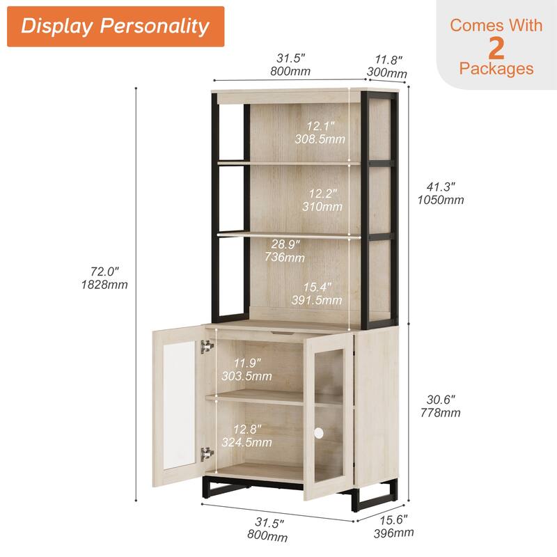 Modern 72" Sideboard with Glass Doors and Adjustable Shelves, Multifunctional Buffet Cabinet for Dining Room or Kitchen