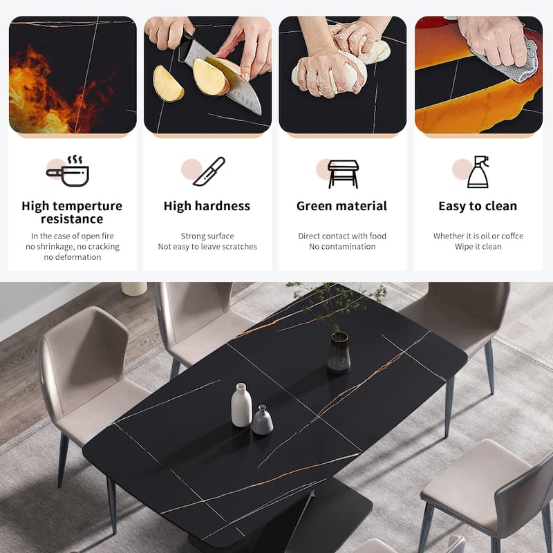 70.87"Modern artificial stone black curved black metal leg dining table-can accommodate 6-8 people