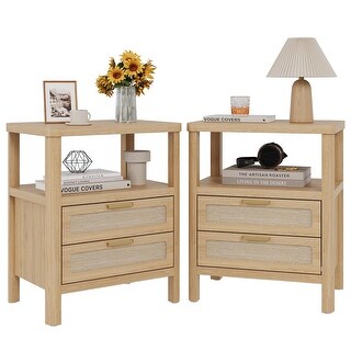 Nightstands Set of 2, 20 Inch Light Oak Bedside Tables with Rounded ...