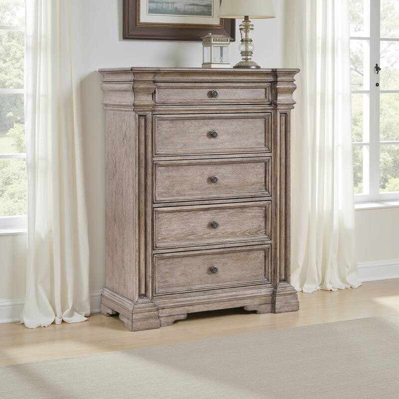 Blaie Tall Dresser Chest, 5 Drawer, 68 Inch Taupe Brown Solid Hardwood