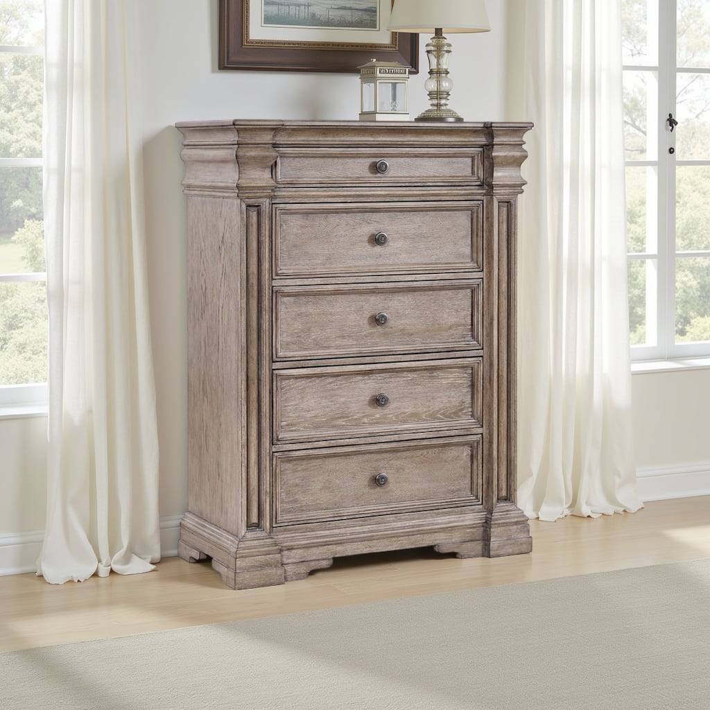 Blaie Tall Dresser Chest, 5 Drawer, 68 Inch Taupe Brown Solid Hardwood