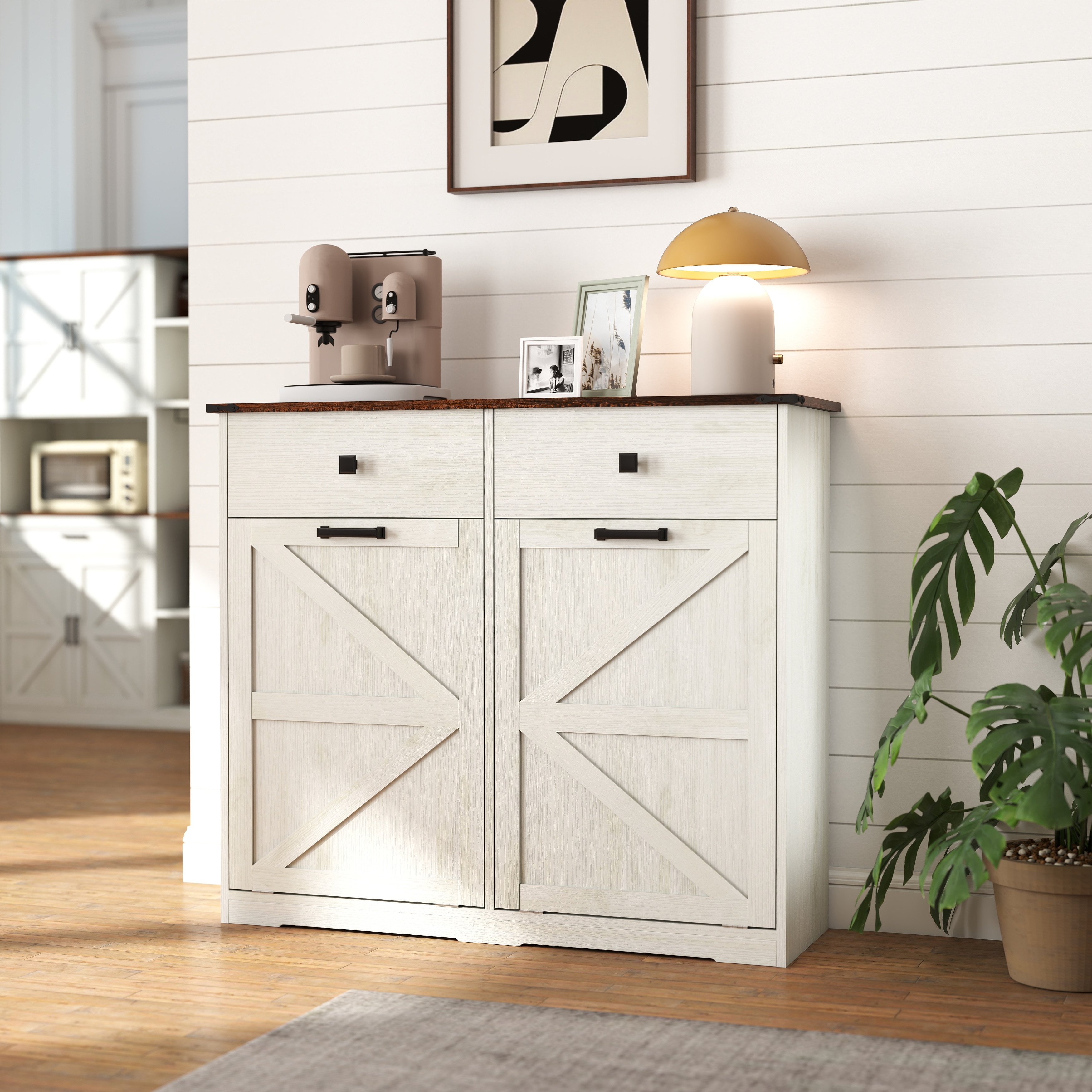39.25" Farmhouse Double Tilt Out Trash Cabinet for 20 Gallon Trash Cans, Laundry Sorter Cabinet with Drawer for Kitchen