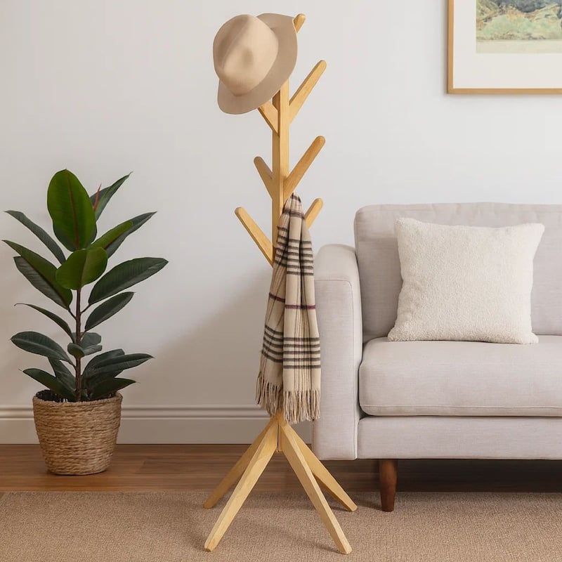Margo Coat Rack, 8 Hooks, Tree Inspired Design, Oak Brown Solid wood