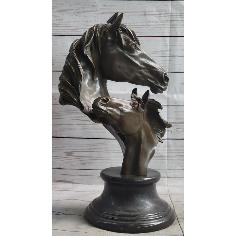 Necking Horses Bronze Bust Sculpture Statue Equestrian Decor Signed Original Art