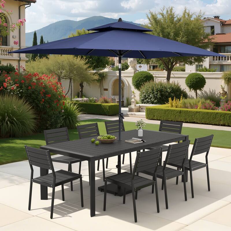 9/11-Piece Outdoor Dining Set Aluminum Table and Stackable Chairs w/10 ft Umbrella and Base