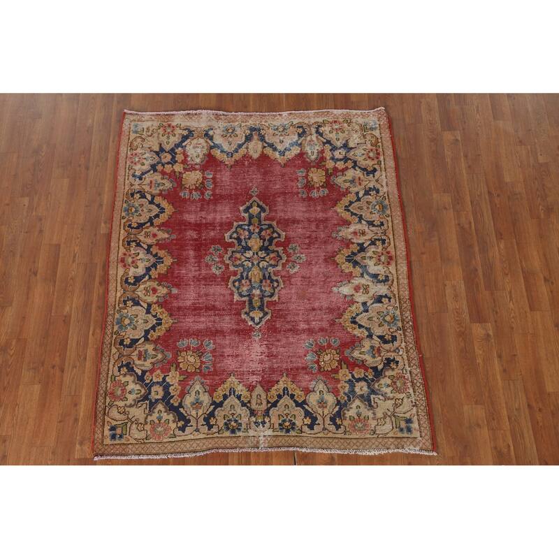 Distressed Pink Kerman Persian Antique Rug Hand-Knotted Wool Carpet - 4'4" x 5'5"