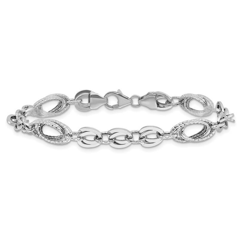 Curata 14k White Polished and Textured Oval Fancy Link Bracelet 7.75 Inch