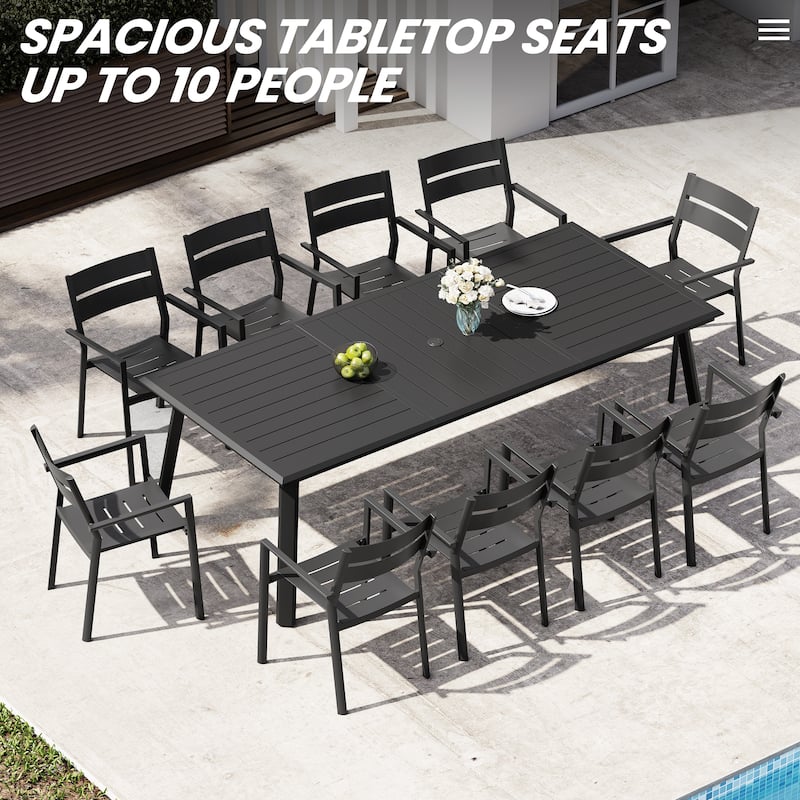 11-Piece Set Outdoor Aluminum Dining Table with Umbrella Hole and Stackable Chairs